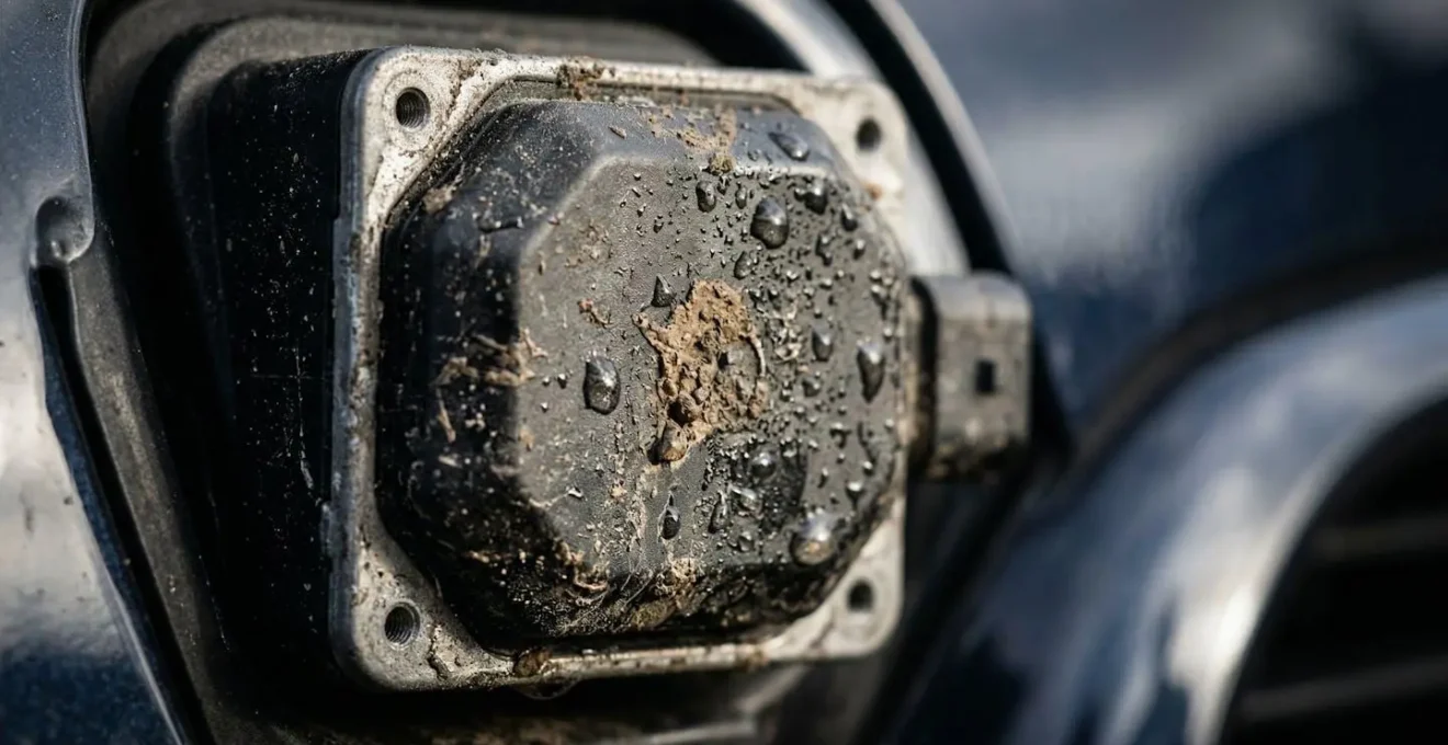 Gros plan sur capteur radar de voiture avec traces de saleté nécessitant nettoyage