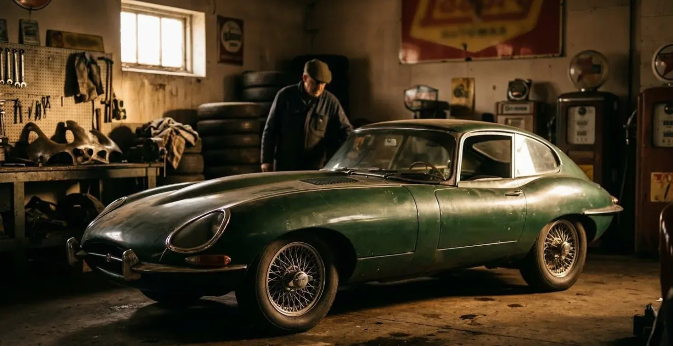 Voiture sportive classique française dans un garage vintage avec ambiance nostalgique