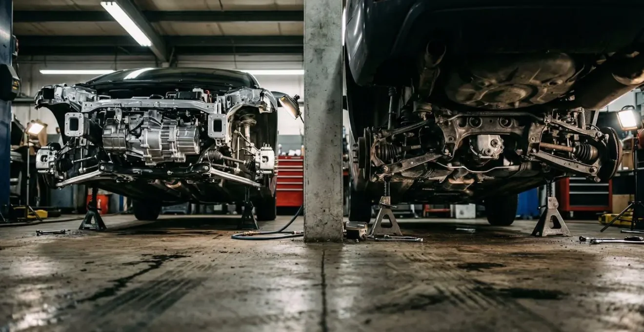 Vue comparative des trains roulants d'un crossover traction et d'un vrai 4x4 avec transmission intégrale