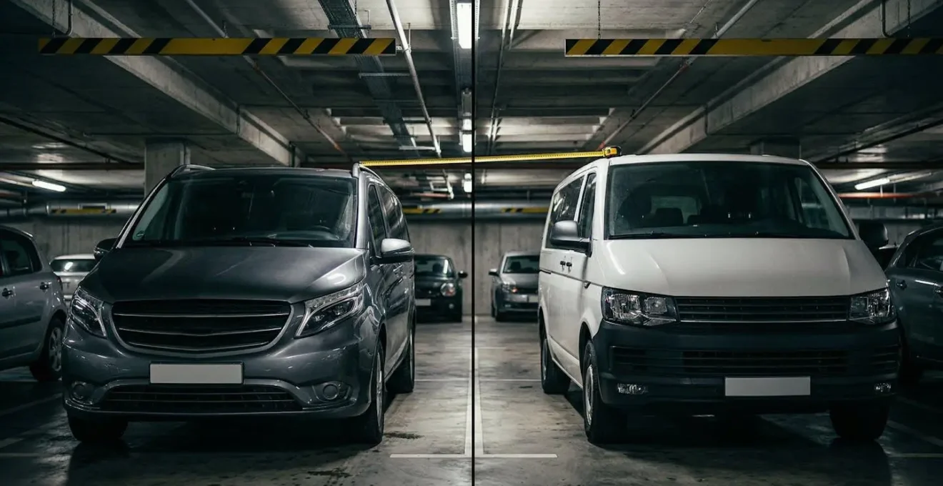 Monospace et van côte à côte dans un parking souterrain montrant la différence de hauteur
