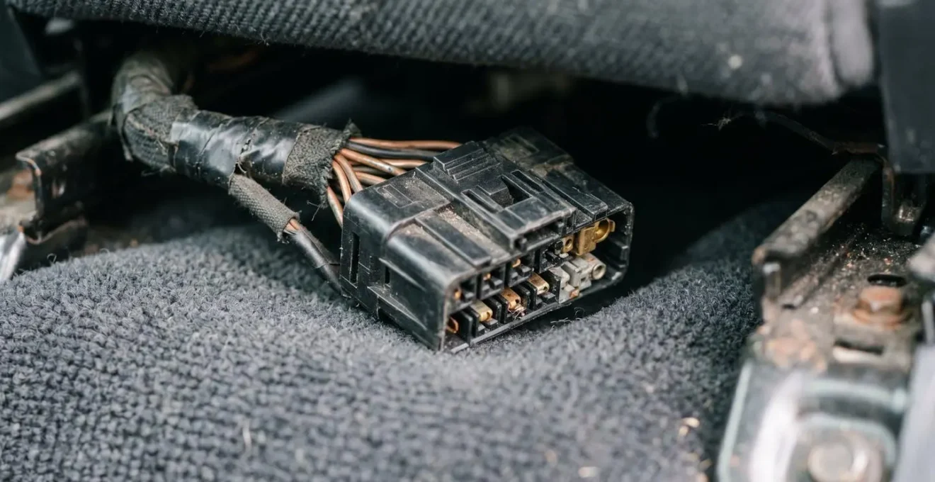 Gros plan sur un connecteur sous siège automobile lors d'un diagnostic airbag