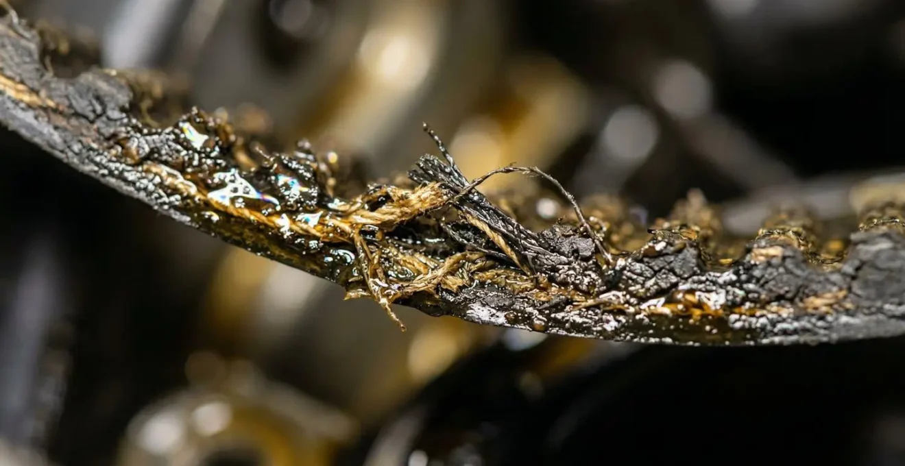 Gros plan macro sur une courroie de distribution usée baignant dans l'huile, montrant l'effilochage et les craquelures