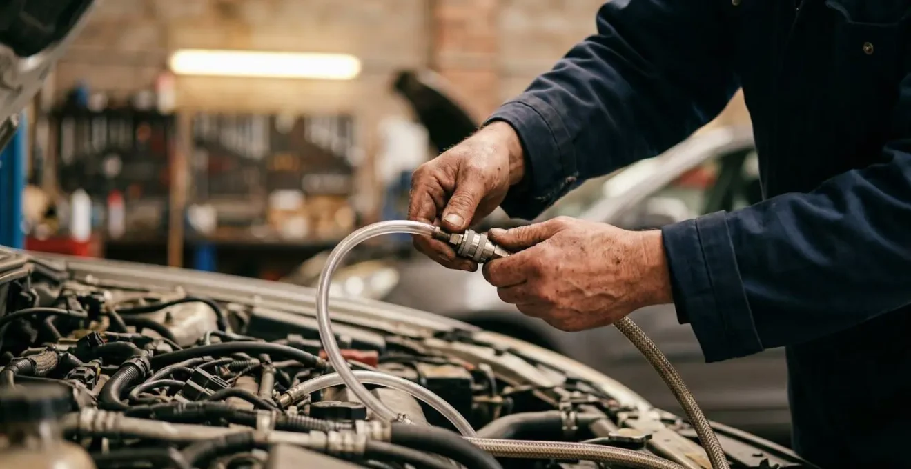 Station de décalaminage hydrogène connectée à un moteur diesel en atelier
