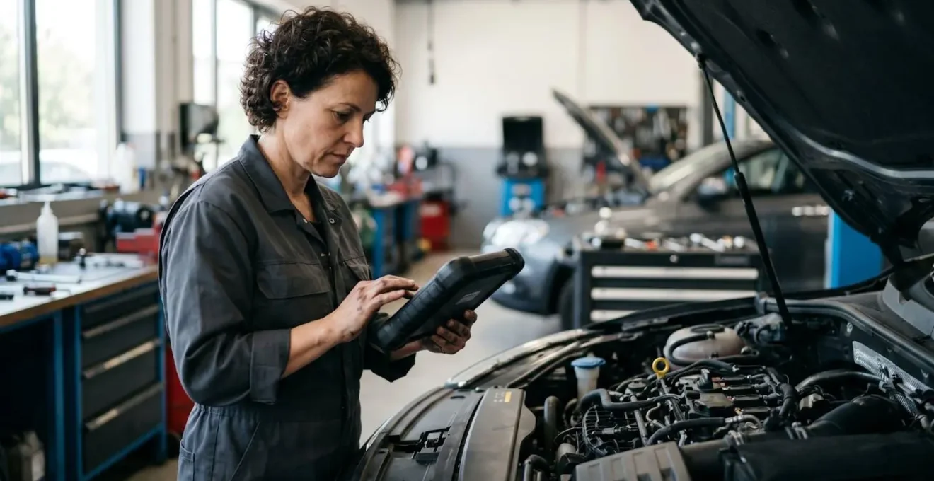 Technicien automobile utilisant un outil de diagnostic VCDS sur une Audi en atelier spécialisé