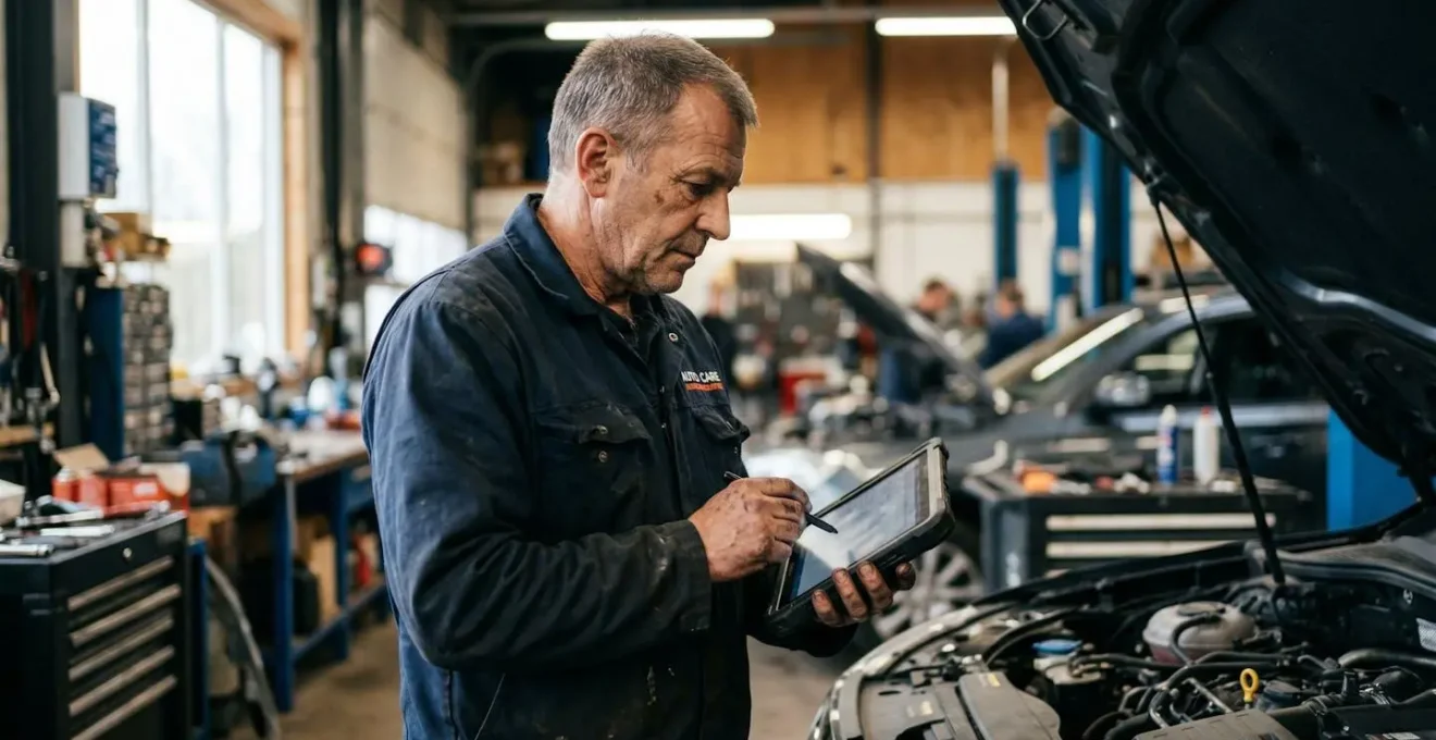 Mécanicien consultant les données de diagnostic sur une tablette dans un atelier automobile