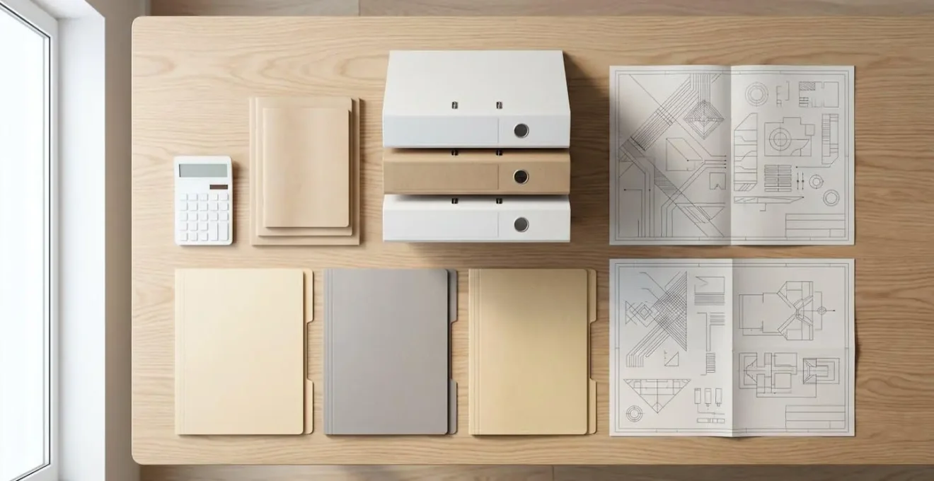 Vue d'ensemble minimaliste d'un bureau avec documents techniques organisés pour l'homologation