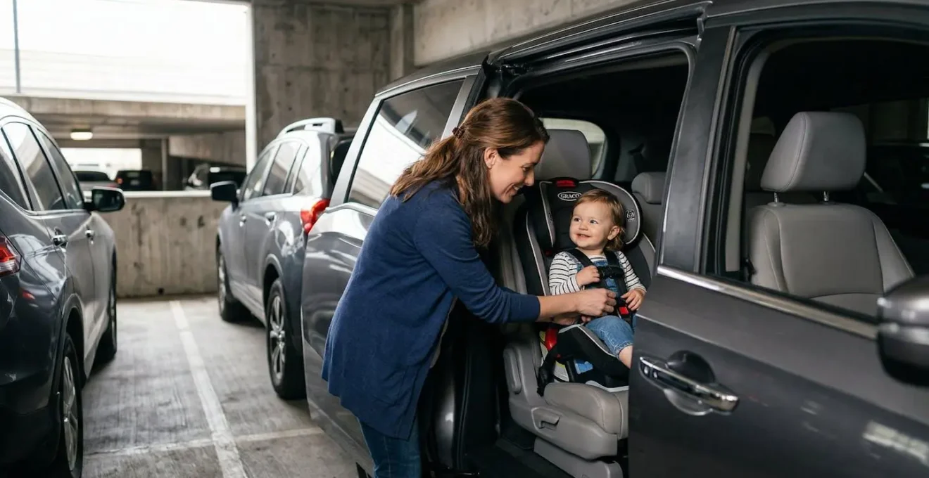 Enfant installé dans un siège auto d'un ludospace, vue de profil montrant l'ouverture facilitée par la porte coulissante