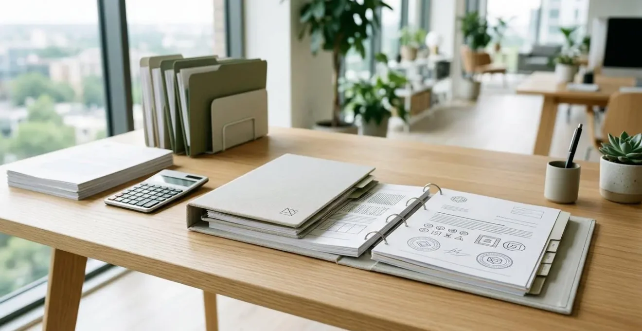 Classeur professionnel avec factures tamponnées et tickets organisés chronologiquement