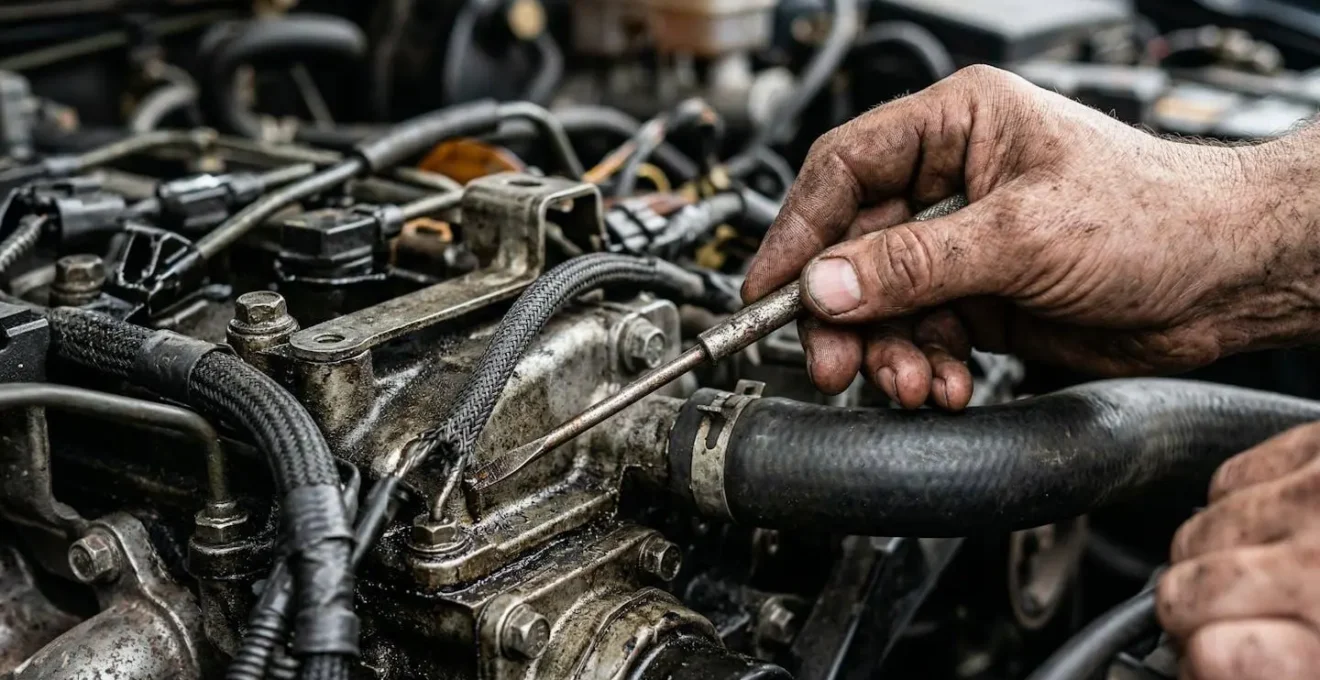 Vue rapprochée des mains d'un mécanicien inspectant un moteur avec des outils professionnels