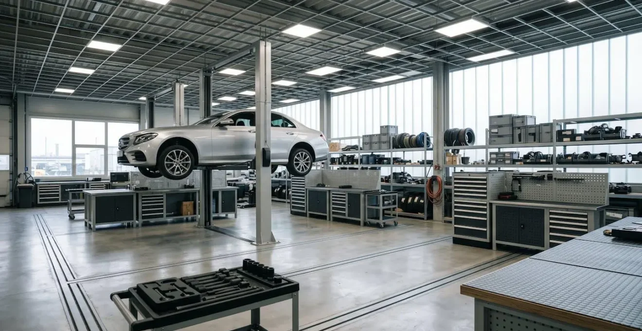 Atelier automobile moderne avec véhicule en entretien dans un environnement professionnel