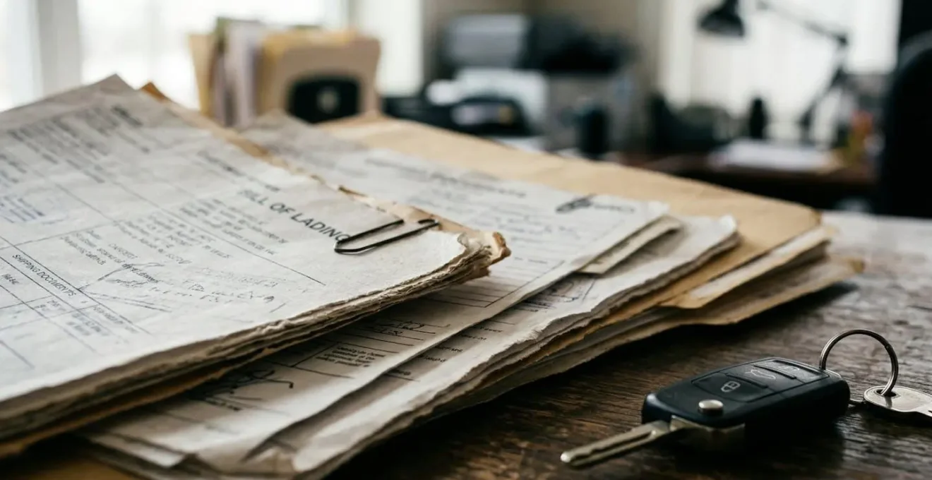 Documents administratifs et certificats d'importation automobile disposés sur une table