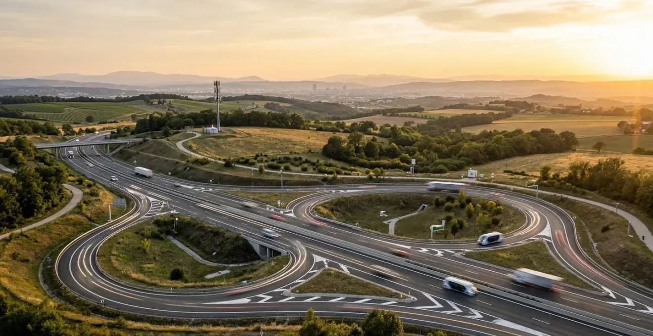 Vue aérienne d'une autoroute française moderne équipée de capteurs et d'antennes de communication V2X