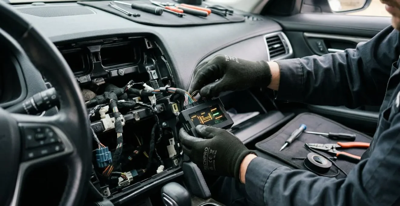 Mécanicien installant un boîtier électronique dans l'habitacle d'une voiture
