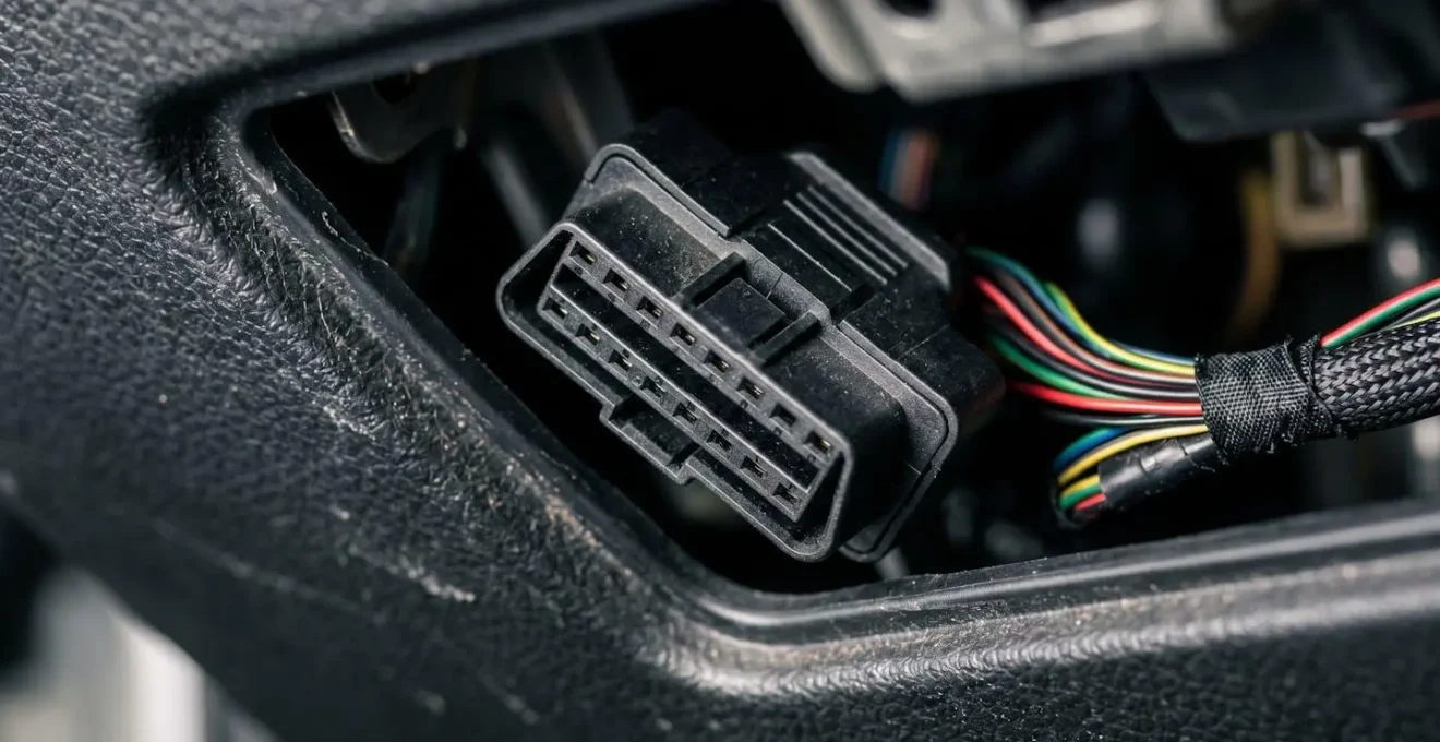 Vue macro détaillée du port OBD dans l'habitacle d'une voiture avec boîtier connecté