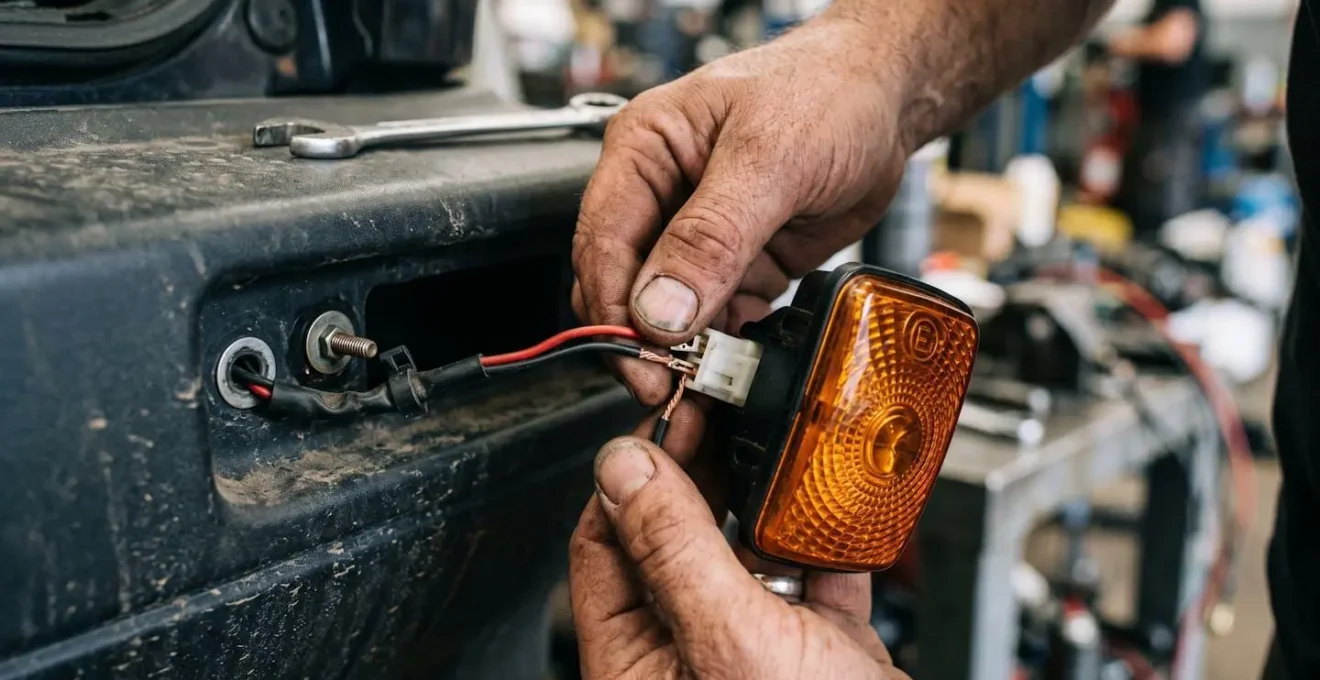 Gros plan technique sur l'installation de clignotants orange conformes sur un véhicule importé