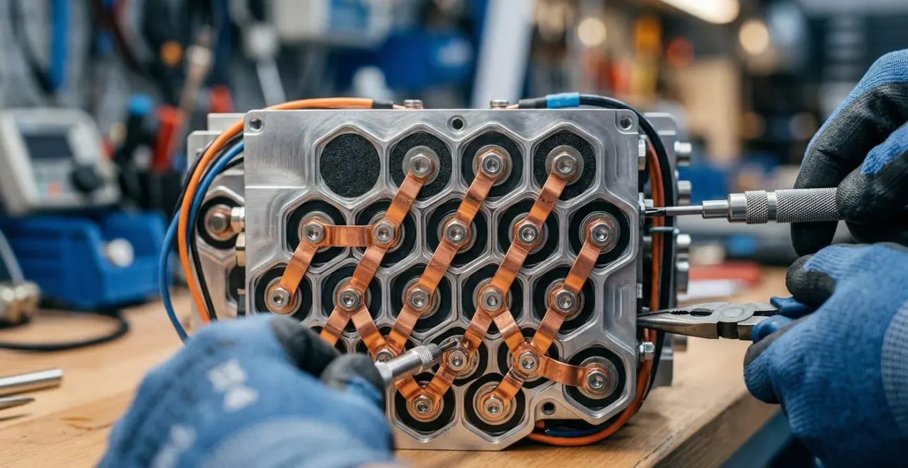 Gros plan sur un module de batterie de voiture électrique en cours de réparation dans un atelier spécialisé