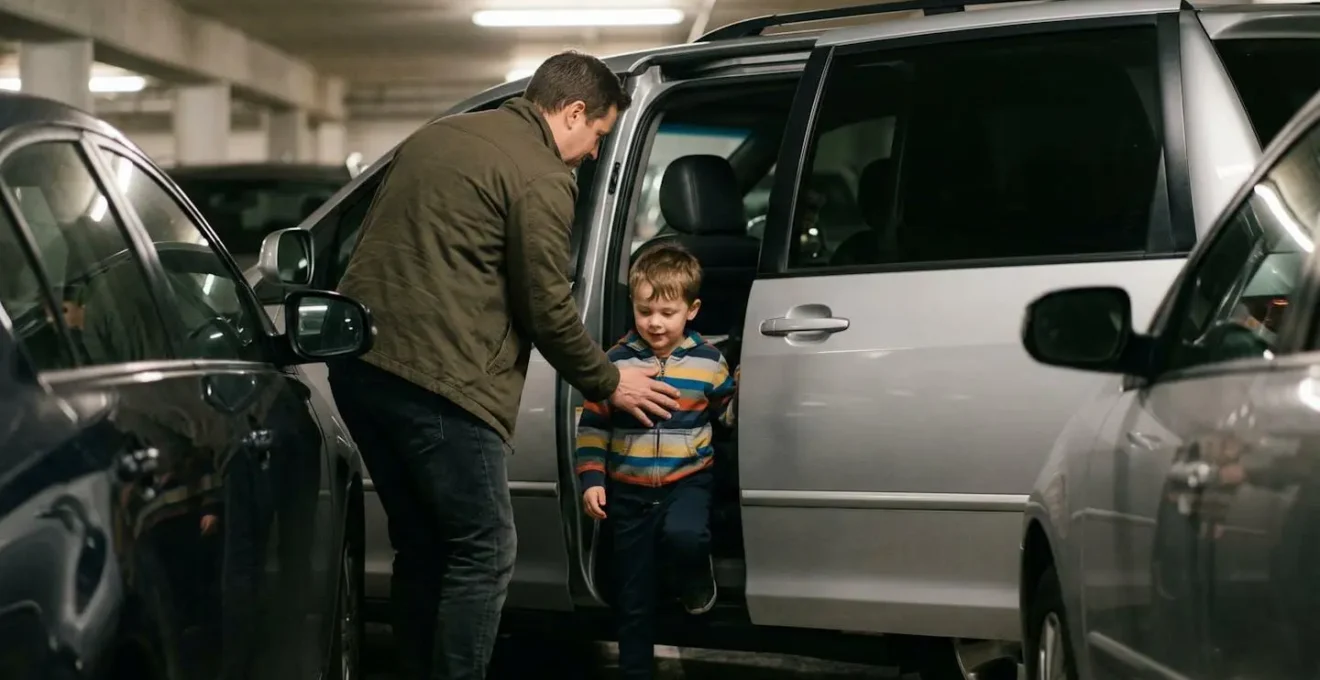 Vue latérale d'un monospace avec portes coulissantes ouvertes dans un parking souterrain