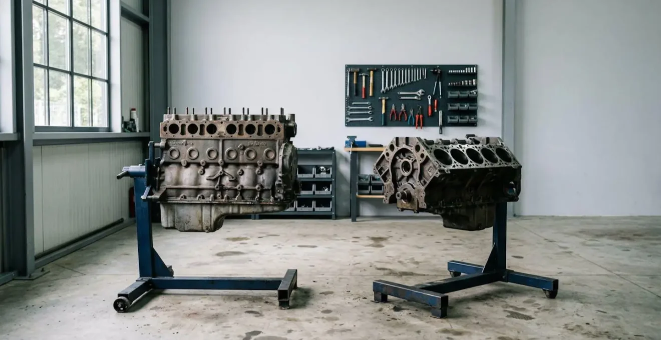 Vue comparative de deux blocs moteurs diesel HDI et dCi côte à côte dans un atelier professionnel