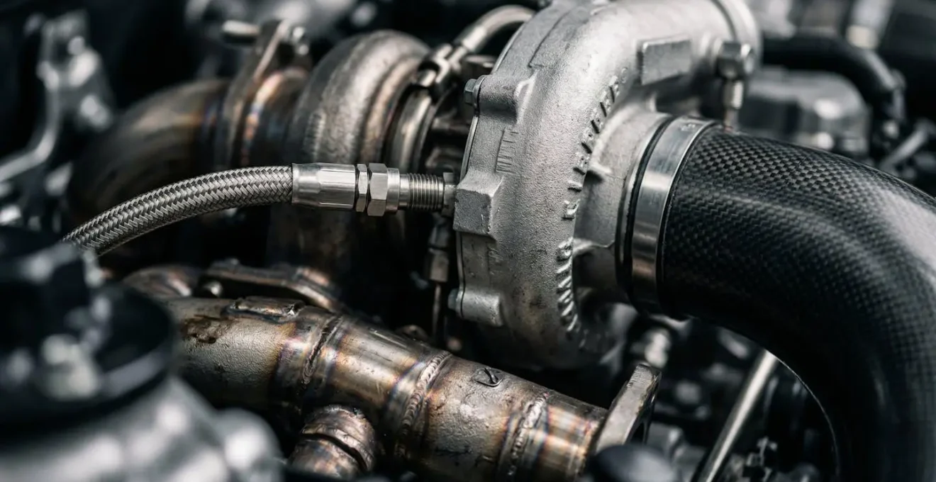 Détail macro du bloc moteur V6 biturbo d'une Audi RS4 avec focus sur les turbos
