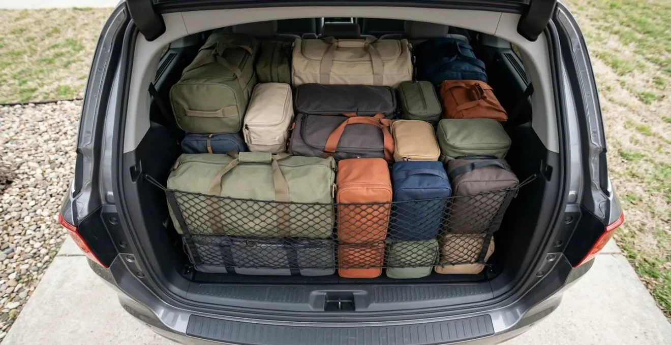 Vue plongeante d'un coffre de monospace méthodiquement organisé avec bagages souples et filets de rangement