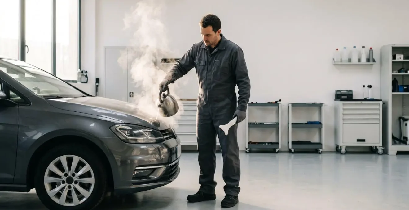 Technicien versant eau chaude sur pare-chocs déformé dans atelier français