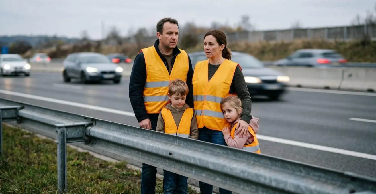 Famille en gilets de sécurité derrière une glissière métallique d'autoroute, vue de profil