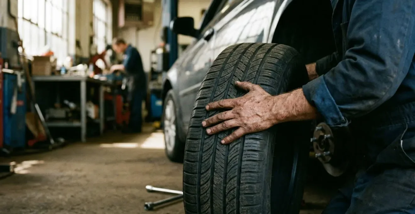 Vue rapprochée d'un pneu de SUV montrant le profil de la bande de roulement dans un garage