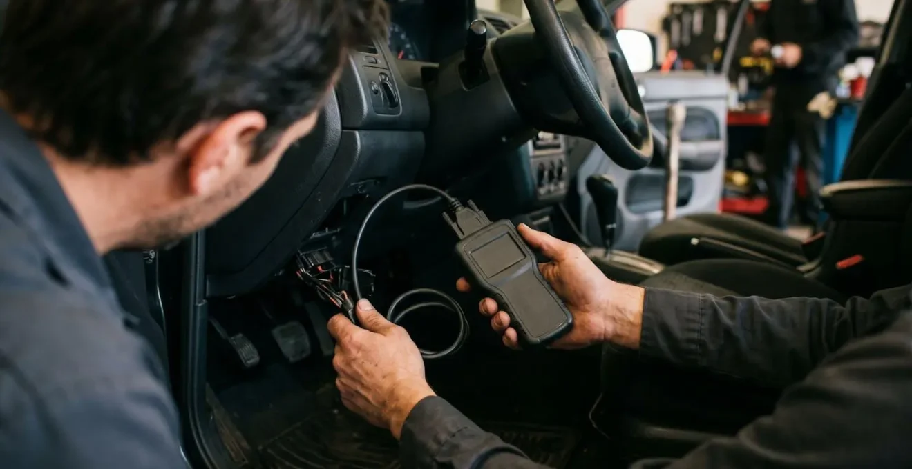 Technicien automobile utilisant un équipement de diagnostic sur le tableau de bord d'une voiture