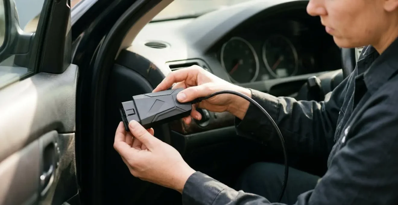 Technicien utilisant un outil de diagnostic OBD pour programmer une clé de voiture