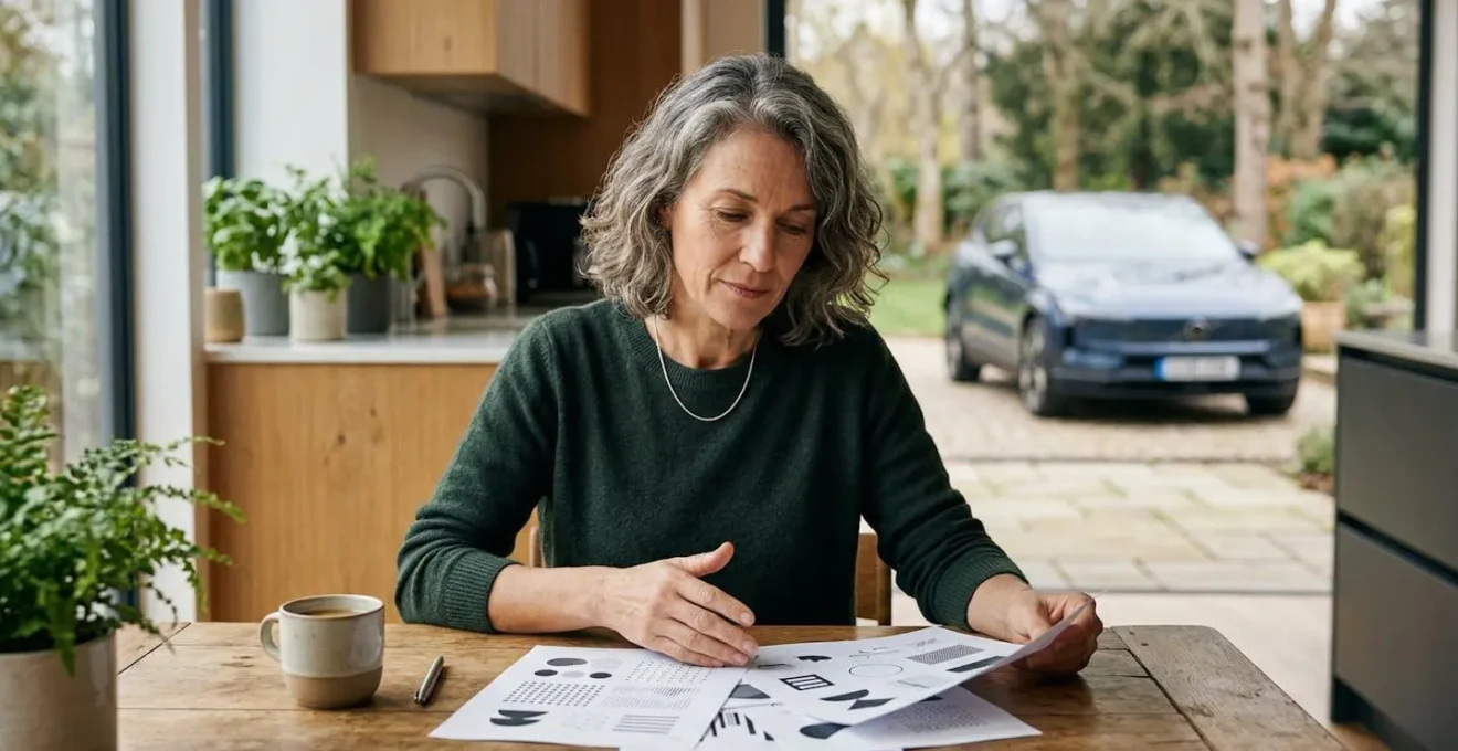 Propriétaire examinant des documents de garantie avec sa voiture électrique en arrière-plan