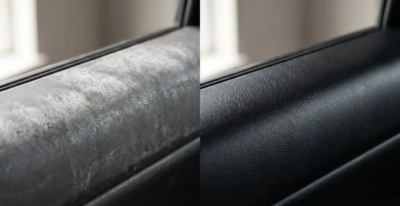 Comparaison avant-après d'un tableau de bord automobile avec plastiques rénovés à finition mate naturelle