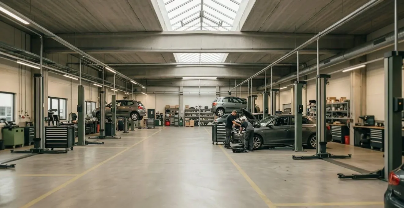 Vue d'ensemble d'un atelier automobile moderne avec mécaniciens installant des pièces de réemploi