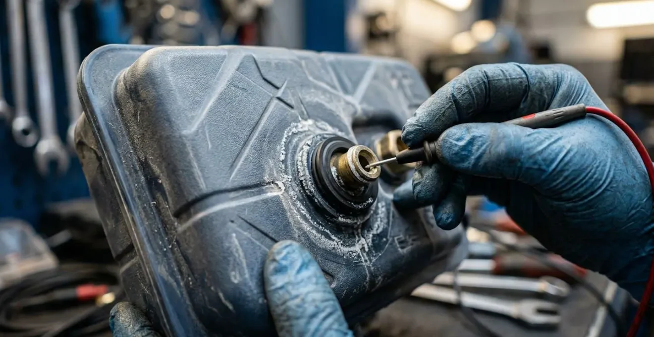 Technicien inspectant un réservoir AdBlue sous un véhicule diesel sur pont élévateur
