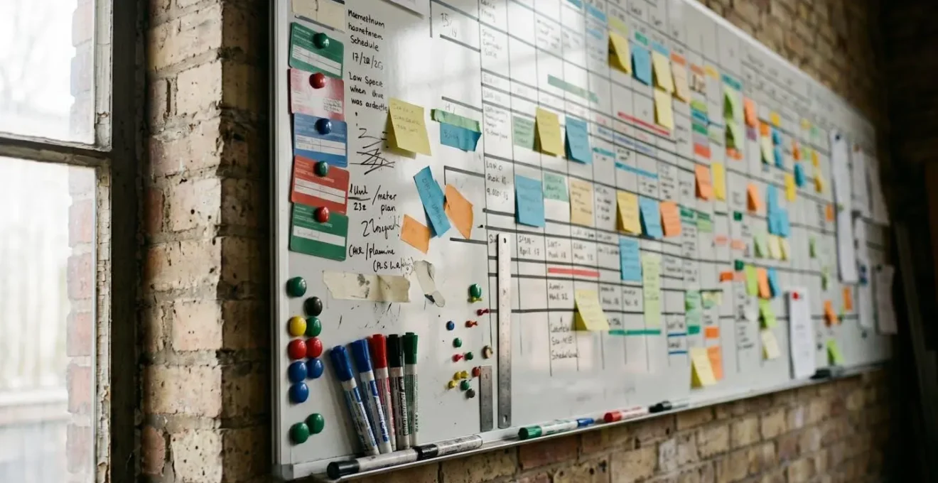 Calendrier mural avec marquages et notes pour organiser le contrôle technique d'une VSP