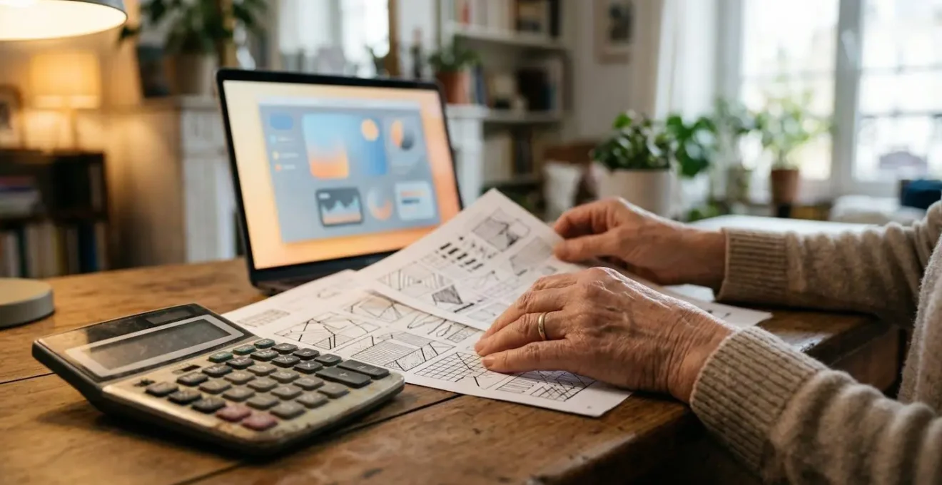 Personne consultant les conditions du leasing social sur un ordinateur avec des documents financiers