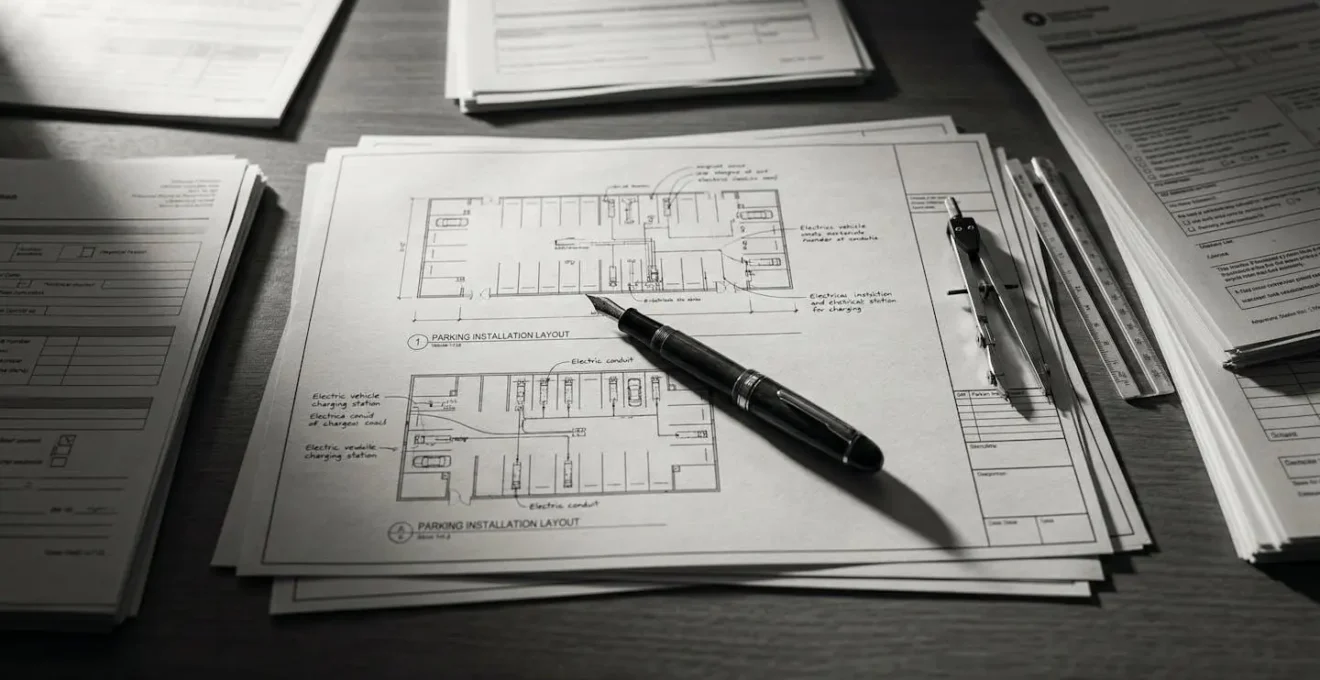 Documents juridiques et plans techniques pour droit à la prise étalés sur une table de réunion