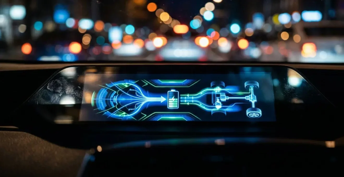 Tableau de bord d'un crossover hybride montrant le flux d'énergie en mode électrique dans un environnement urbain