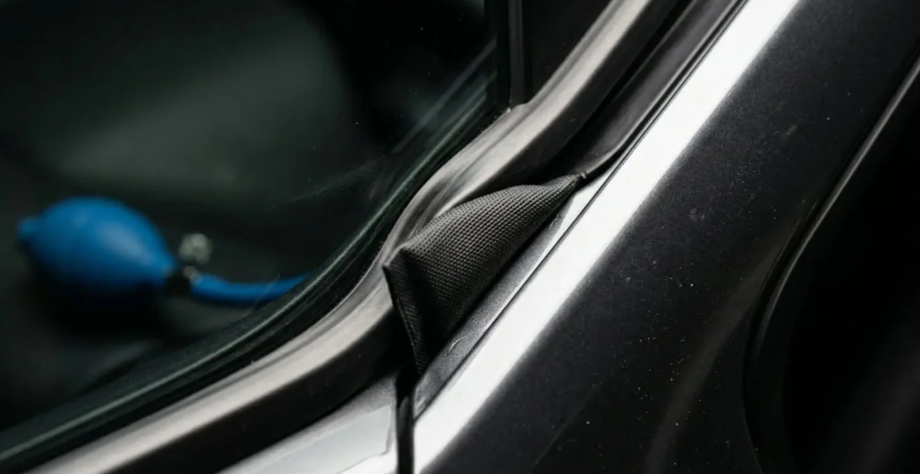 Détail macro d'un coussin gonflable professionnel utilisé sur une portière de voiture