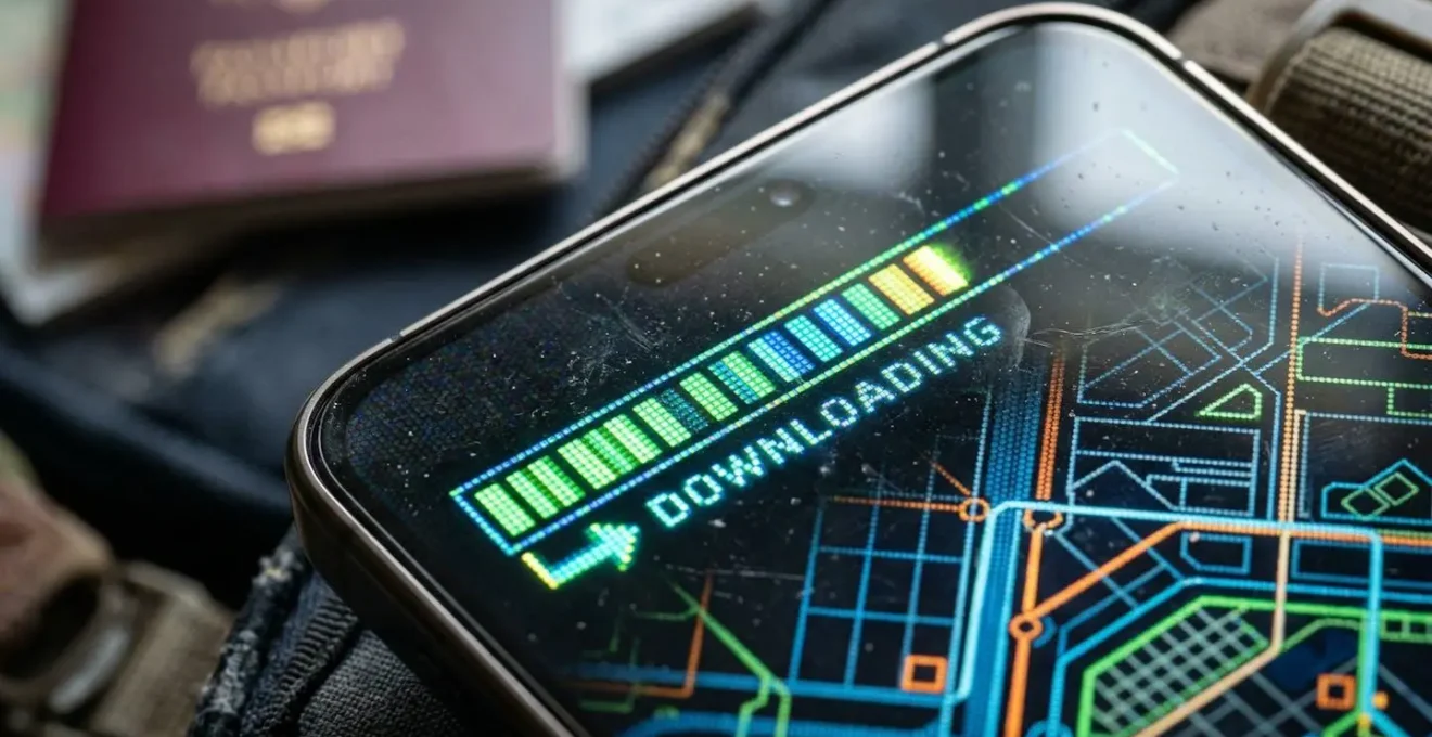 Vue macro d'un smartphone montrant une progression de téléchargement avec des éléments de carte en arrière-plan