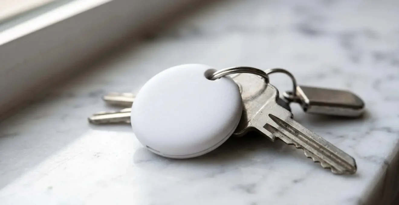Traceur Bluetooth attaché à un trousseau de clés de voiture sur surface minimaliste