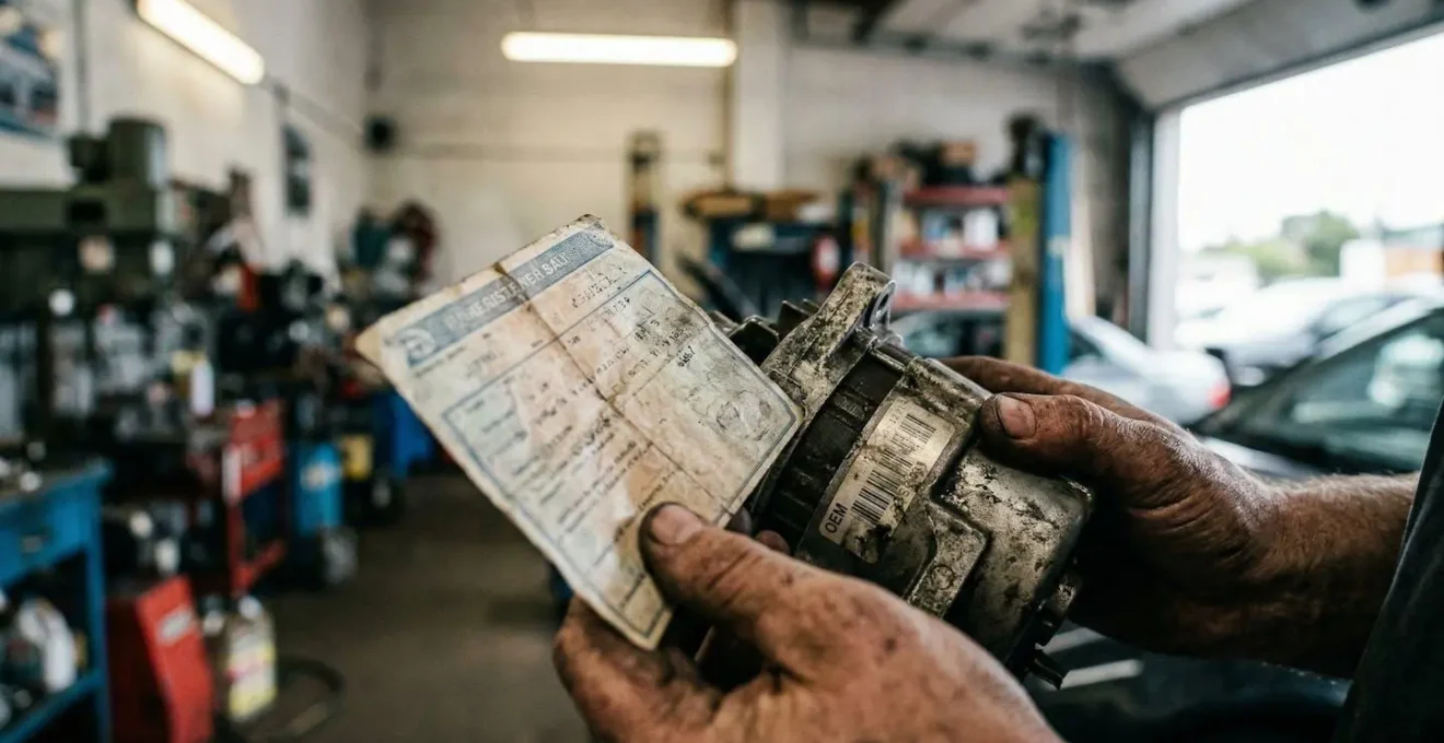 Gros plan sur les mains d'un mécanicien comparant une étiquette de référence OEM avec une carte grise française