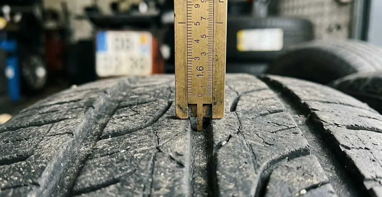 Vue macro détaillée de la profondeur des sculptures d'un pneu usé avec jauge de mesure sur voiture française