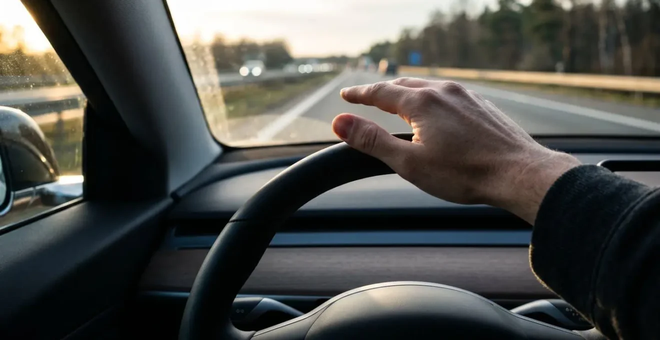 Main posée légèrement sur un volant pendant la conduite sur autoroute