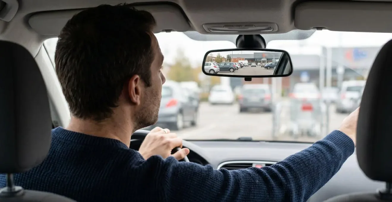 Vue arrière depuis une voiture dans un parking de supermarché français