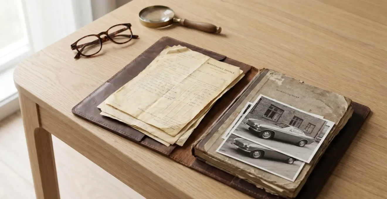 Une collection de documents automobiles anciens (factures, carnets d'entretien, attestations) étalés sur une surface de bois clair, symbolisant la traçabilité et l'historique d'un véhicule